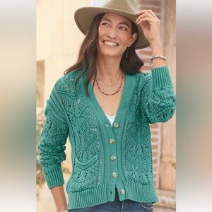 NWT 100% Cotton Sundance Aveline Teal/Green Knit Cardigan Sweater Size PM